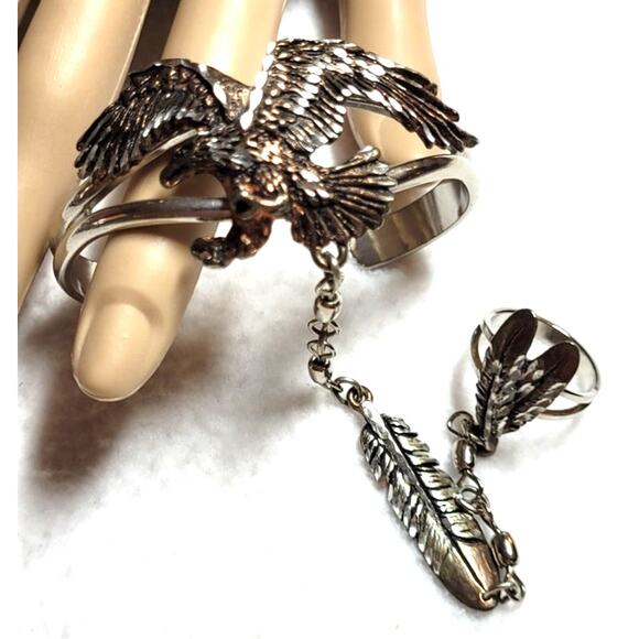 Vtg Slave Bracelet Sz 9 Ring Signed EJC 95 Eagle Feathers Western Southwestern - Picture 1 of 14